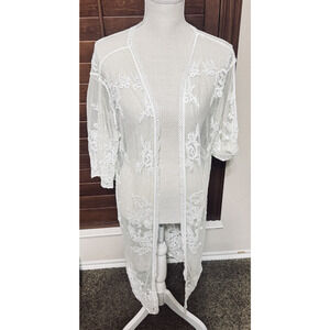 Sheer Mesh Lace Cardigan Sweater Duster Long Cream Ivory Dainty Romantic sz L